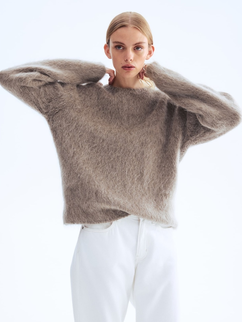 H&M Taupe Fuzzy Crew Neck Sweater